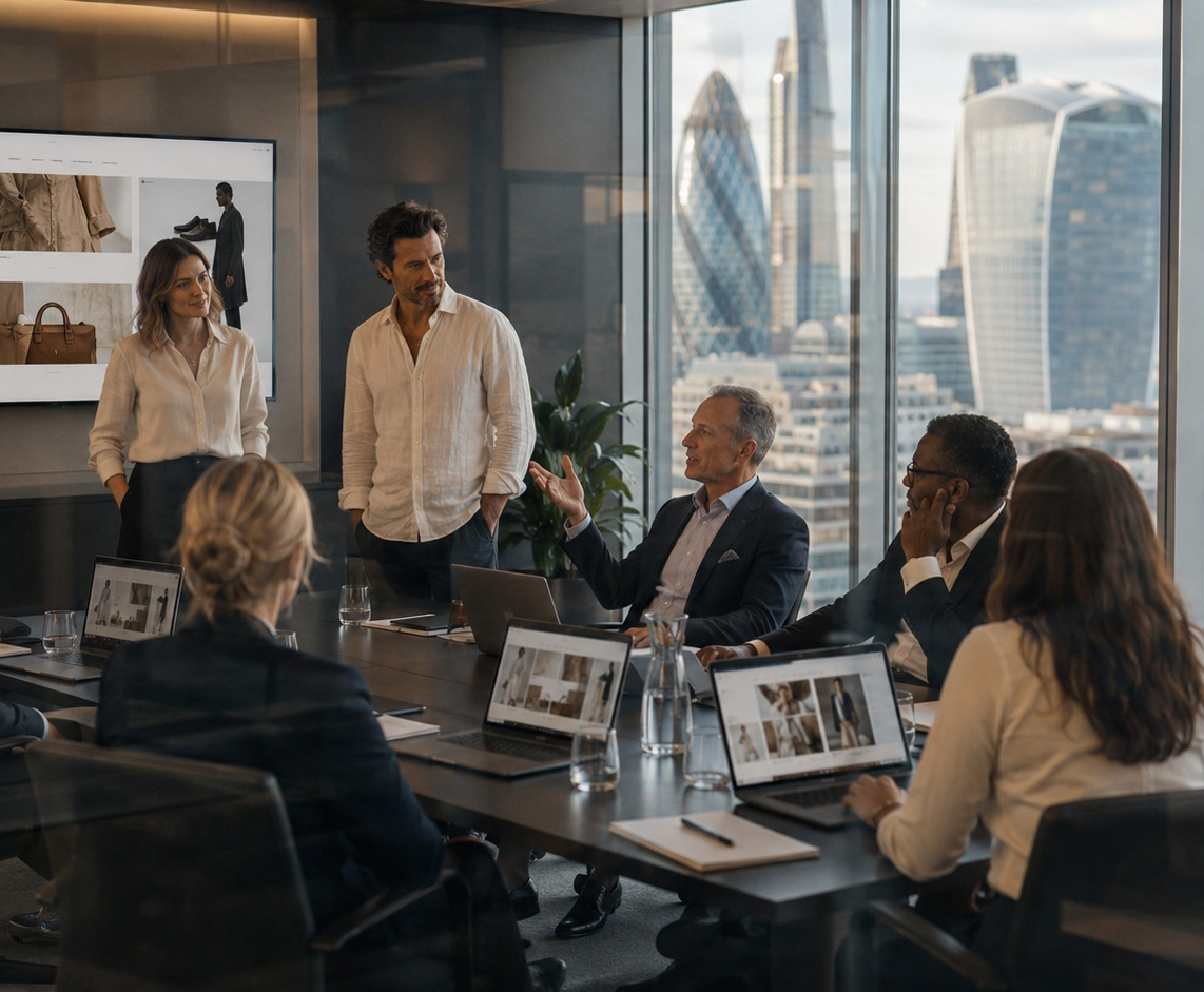 Riunione di team in un ufficio con vista sulla City di Londra