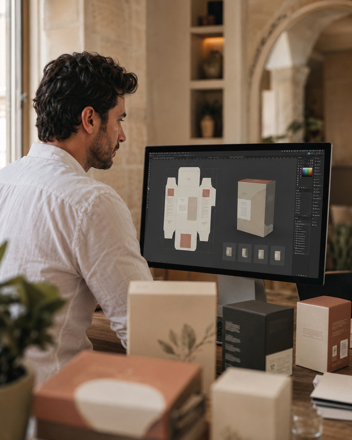 Designer al lavoro su packaging e identità di marca