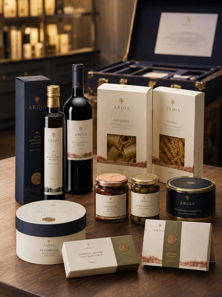 Selezione di prodotti agroalimentari italiani con packaging premium