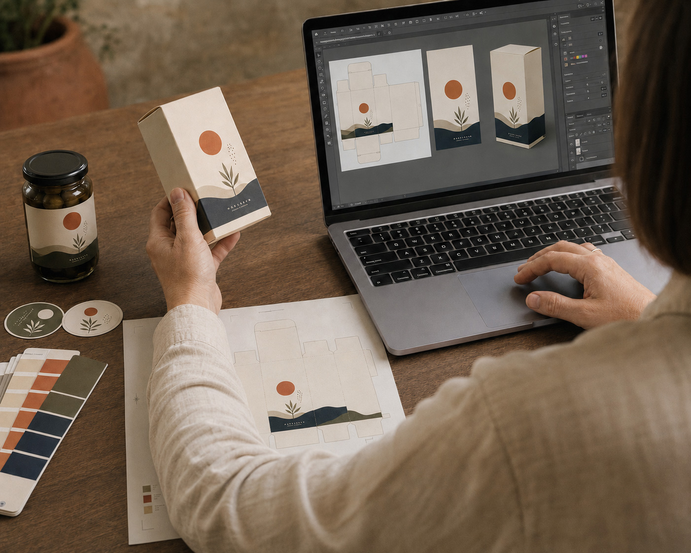 Designer al lavoro su packaging alimentare: scatola stampata, etichette e palette colori su scrivania in legno