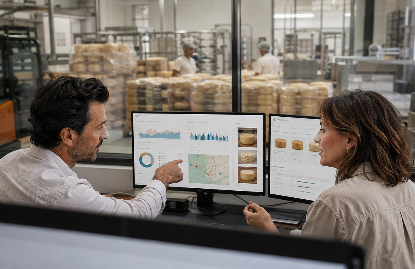 Team che analizza dati commerciali e produzione in un caseificio moderno