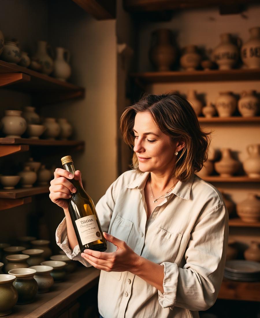 Artigiana in un laboratorio di ceramica con una bottiglia di olio in mano