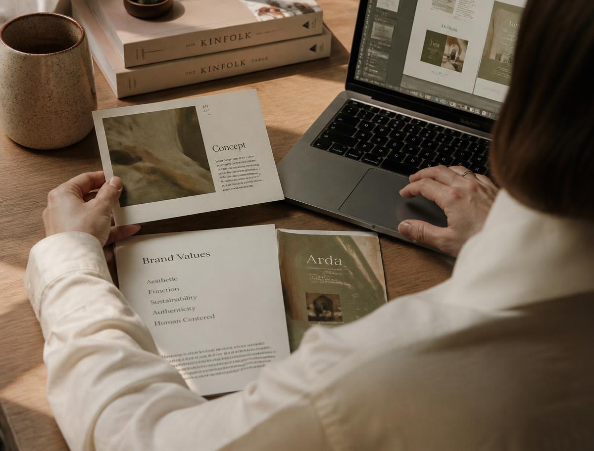 Scrivania con progetti di brand identity e laptop